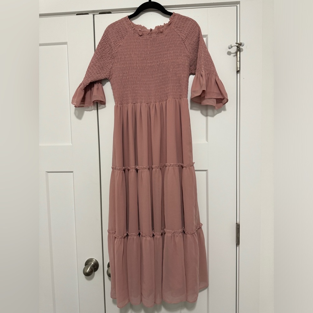 JessaKae Pink Ruffled Tiered Midi Dress with Bell Sleeves